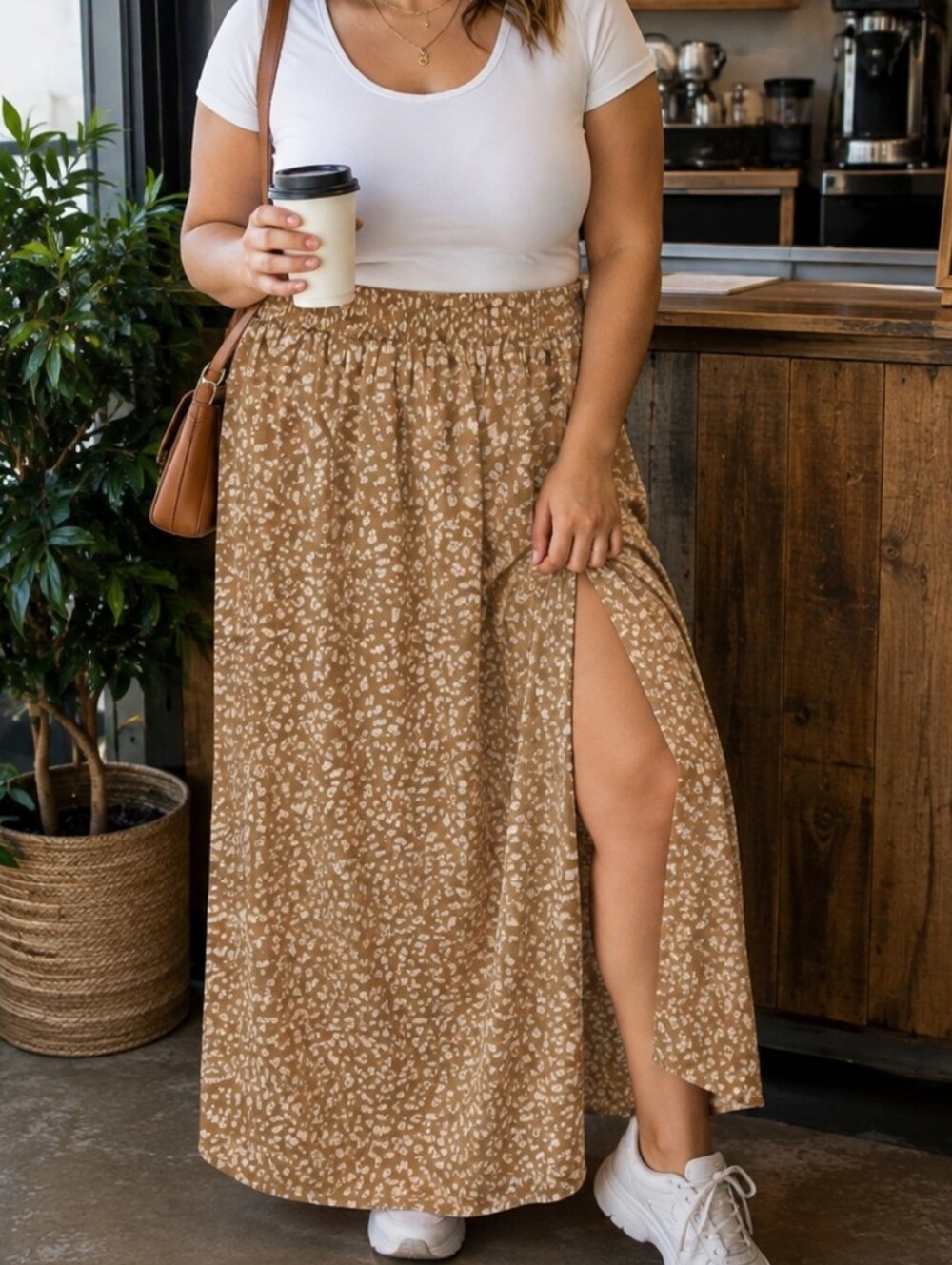 Tan and White Floral High Slit Maxi Skirt. NIP